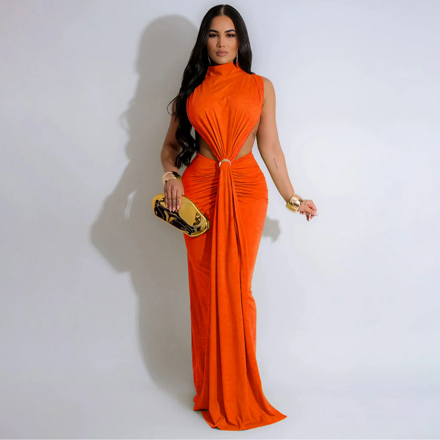 O-neck High Split Ruched Stacked Bodycon Midi Maxi Dress