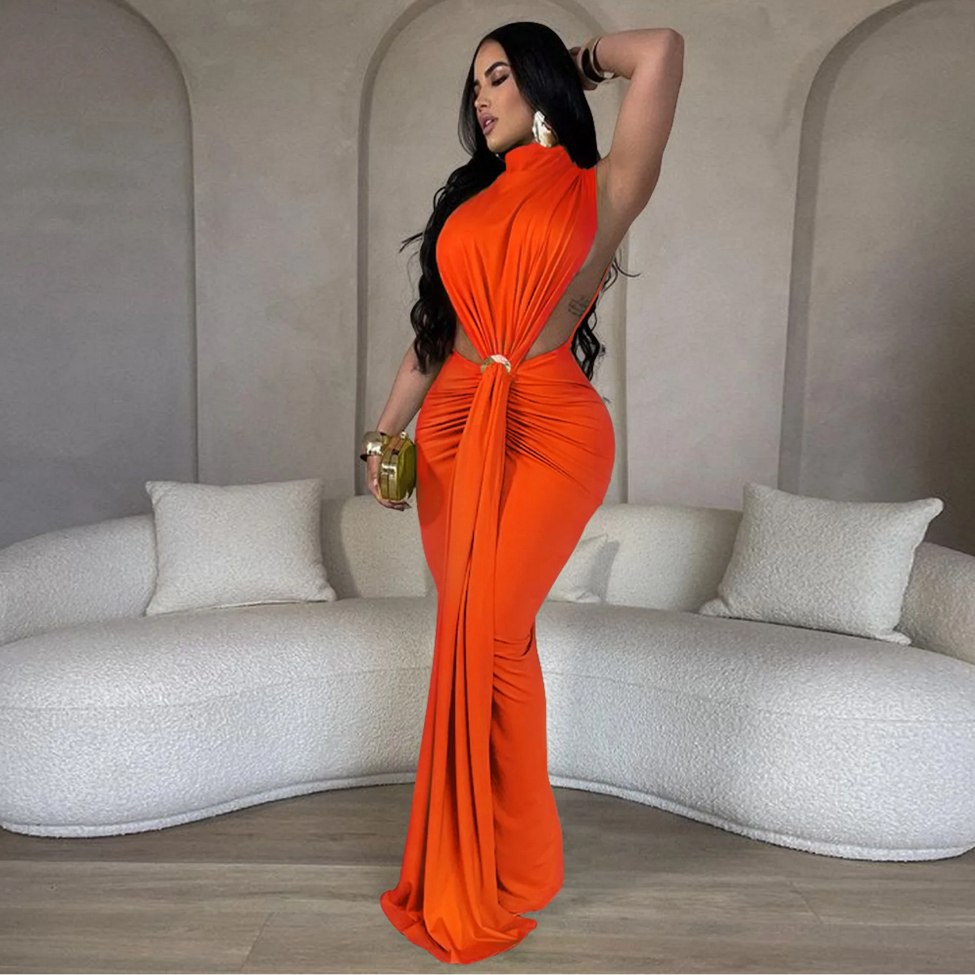 O-neck High Split Ruched Stacked Bodycon Midi Maxi Dress