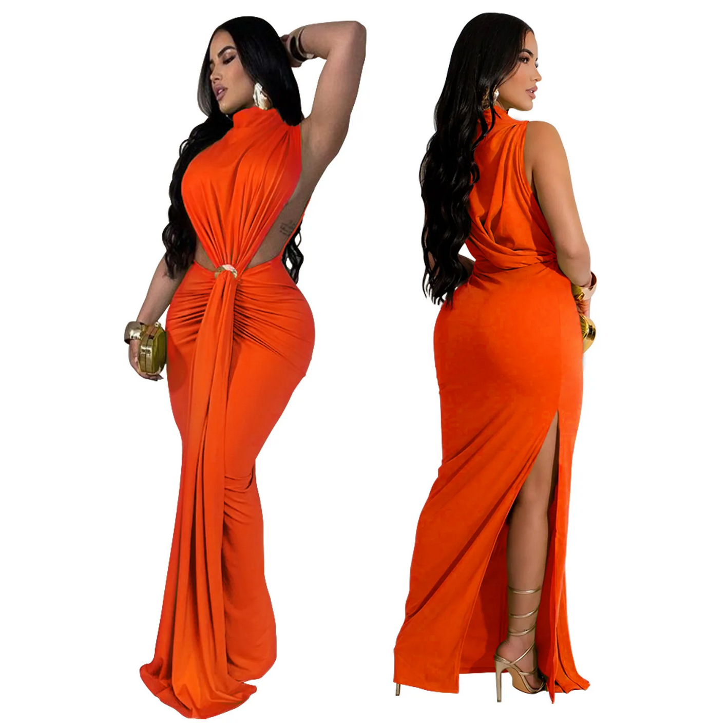 O-neck High Split Ruched Stacked Bodycon Midi Maxi Dress