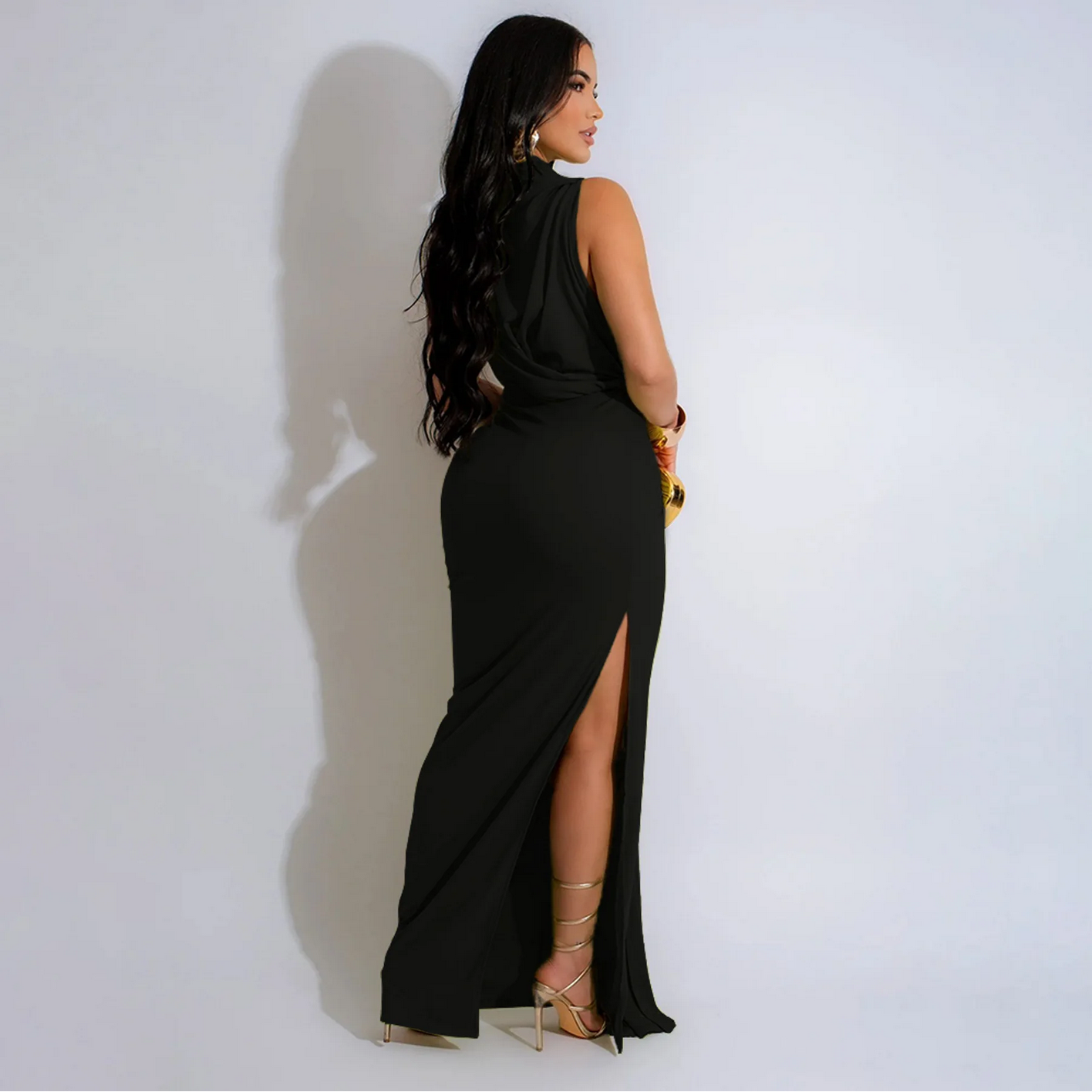O-neck High Split Ruched Stacked Bodycon Midi Maxi Dress