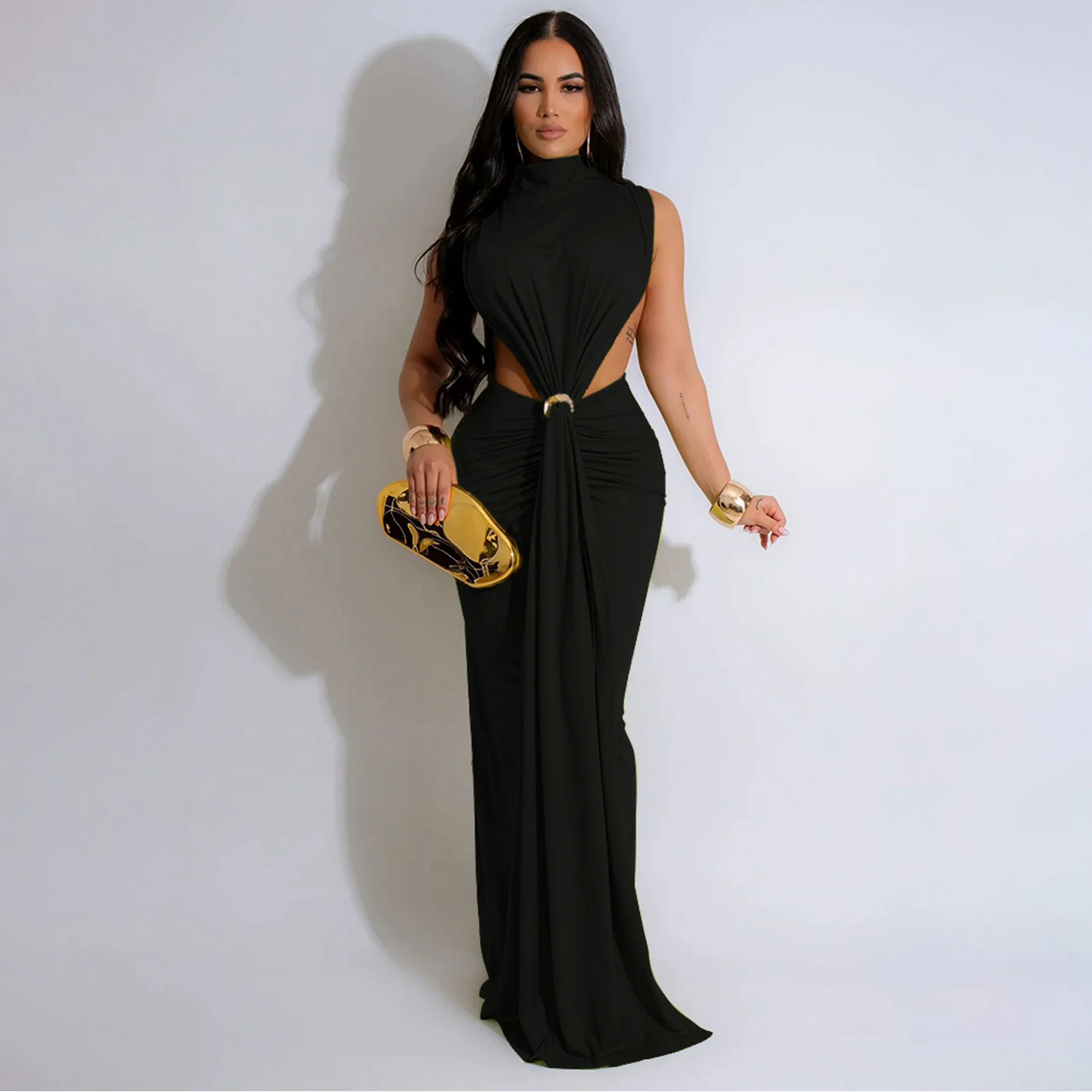 O-neck High Split Ruched Stacked Bodycon Midi Maxi Dress
