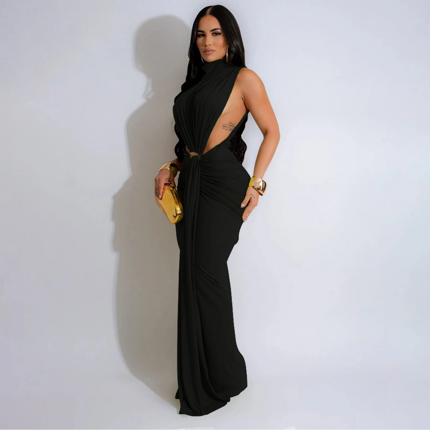 O-neck High Split Ruched Stacked Bodycon Midi Maxi Dress