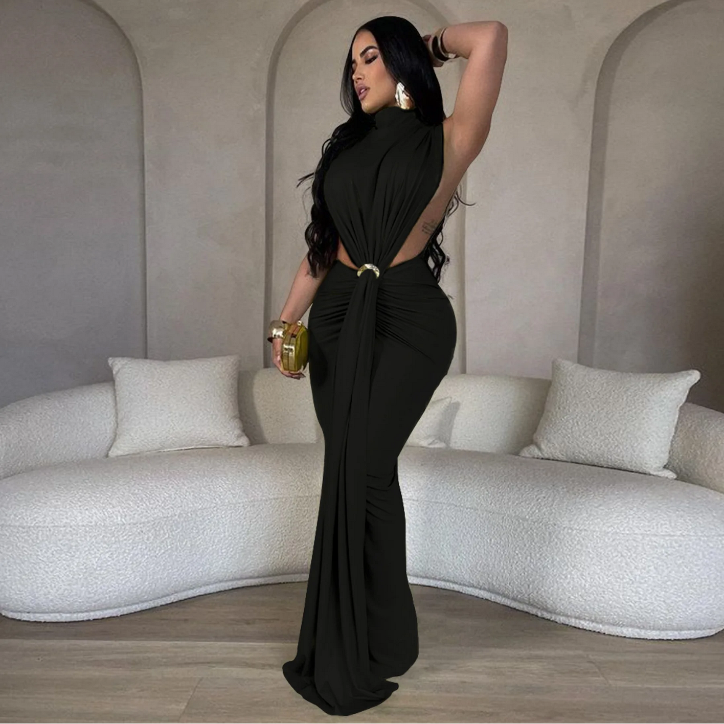 O-neck High Split Ruched Stacked Bodycon Midi Maxi Dress