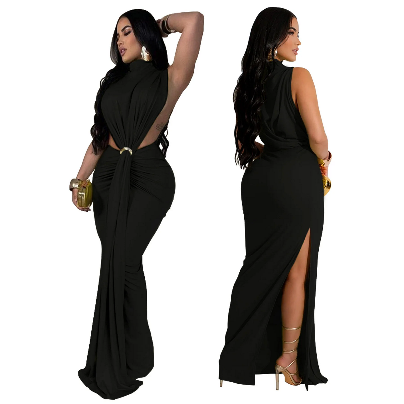 O-neck High Split Ruched Stacked Bodycon Midi Maxi Dress