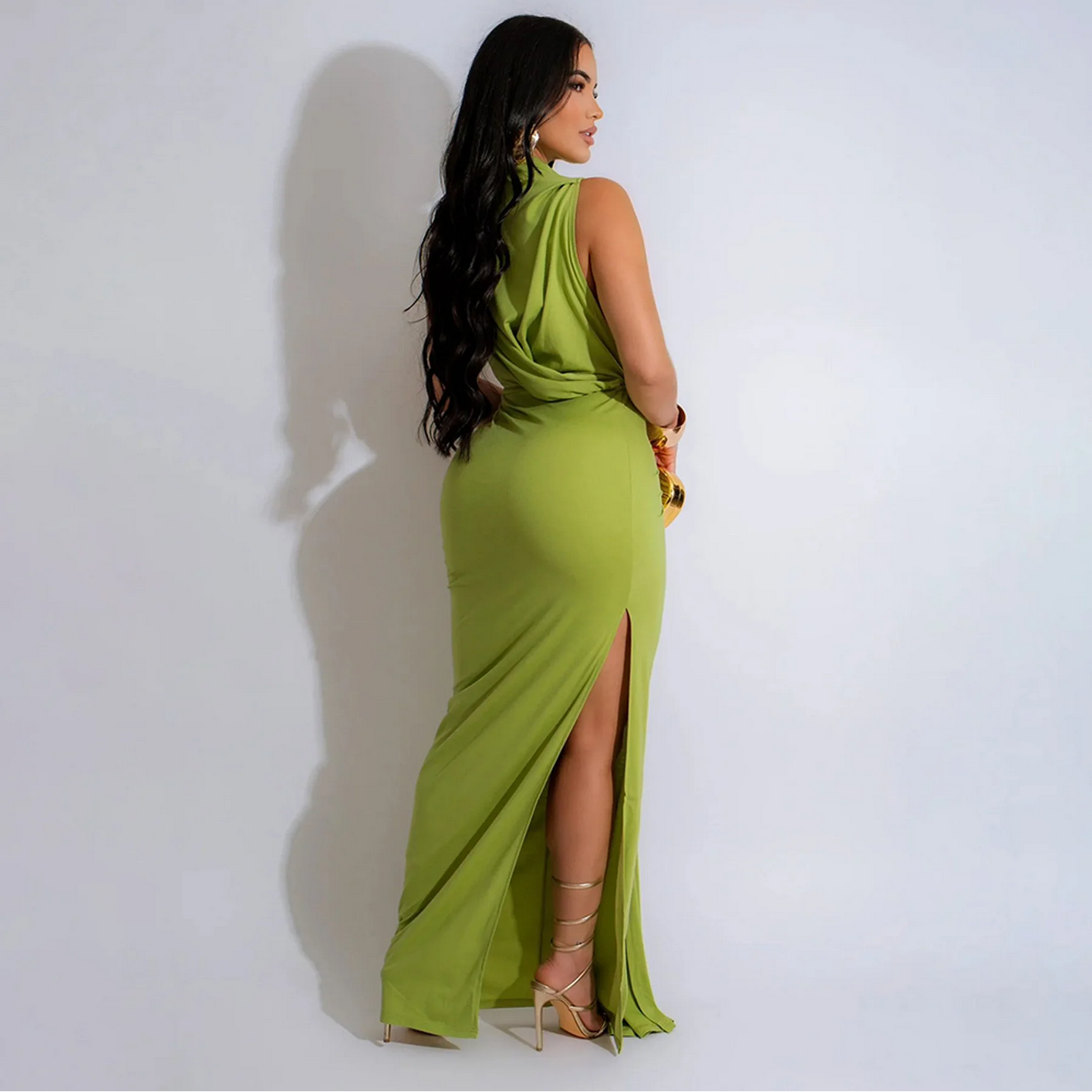 O-neck High Split Ruched Stacked Bodycon Midi Maxi Dress
