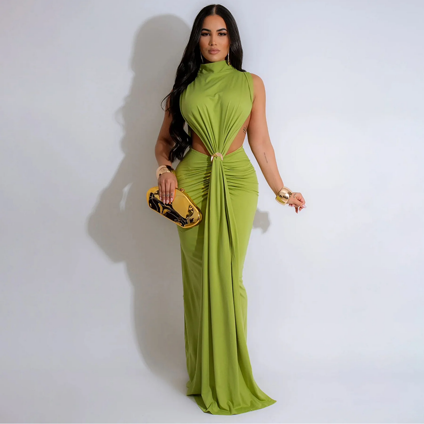 O-neck High Split Ruched Stacked Bodycon Midi Maxi Dress