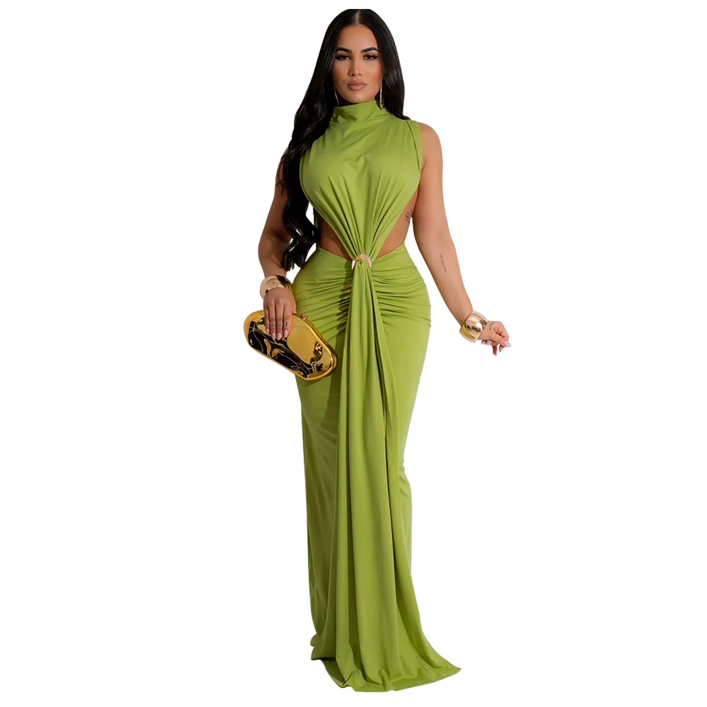 O-neck High Split Ruched Stacked Bodycon Midi Maxi Dress