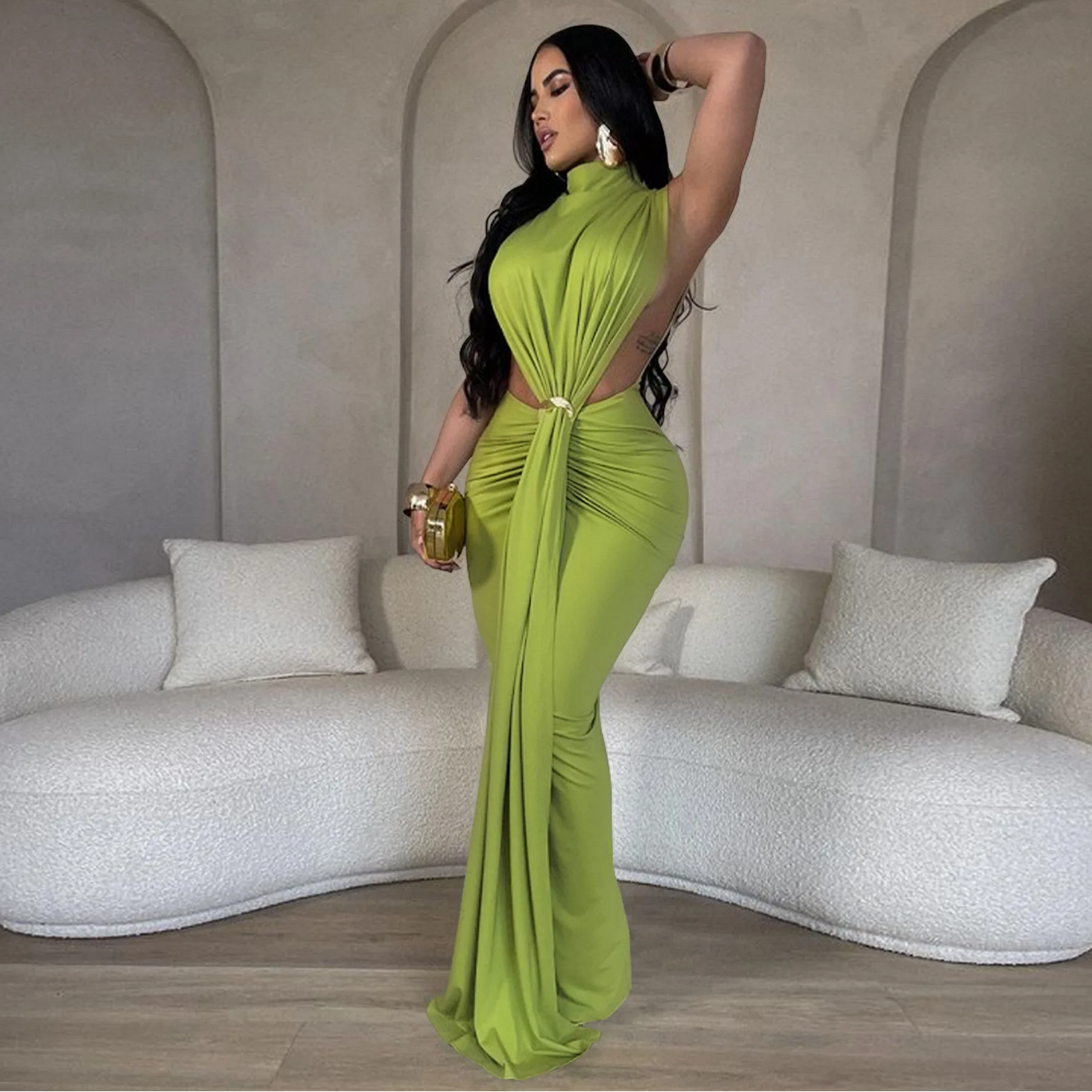 O-neck High Split Ruched Stacked Bodycon Midi Maxi Dress