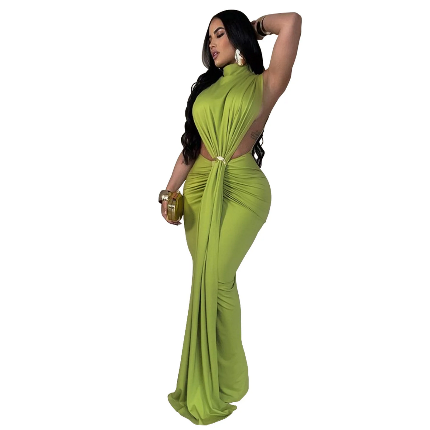 O-neck High Split Ruched Stacked Bodycon Midi Maxi Dress