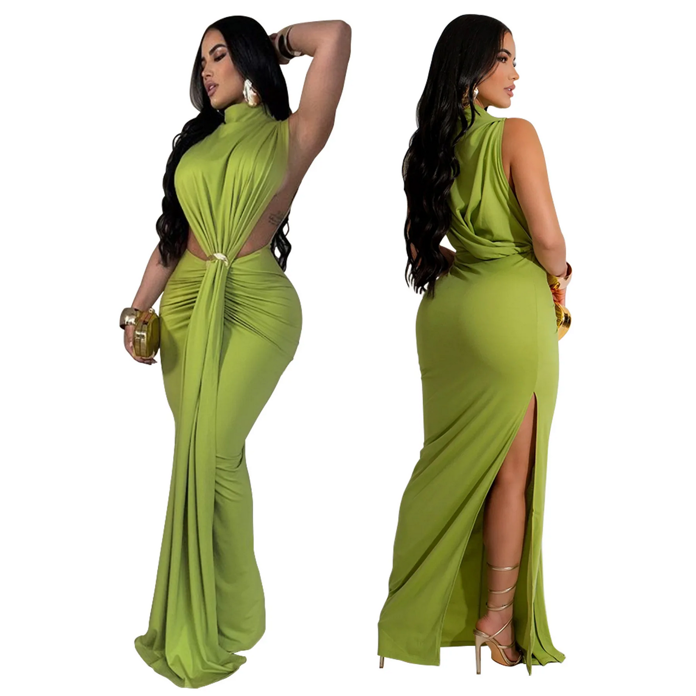 O-neck High Split Ruched Stacked Bodycon Midi Maxi Dress