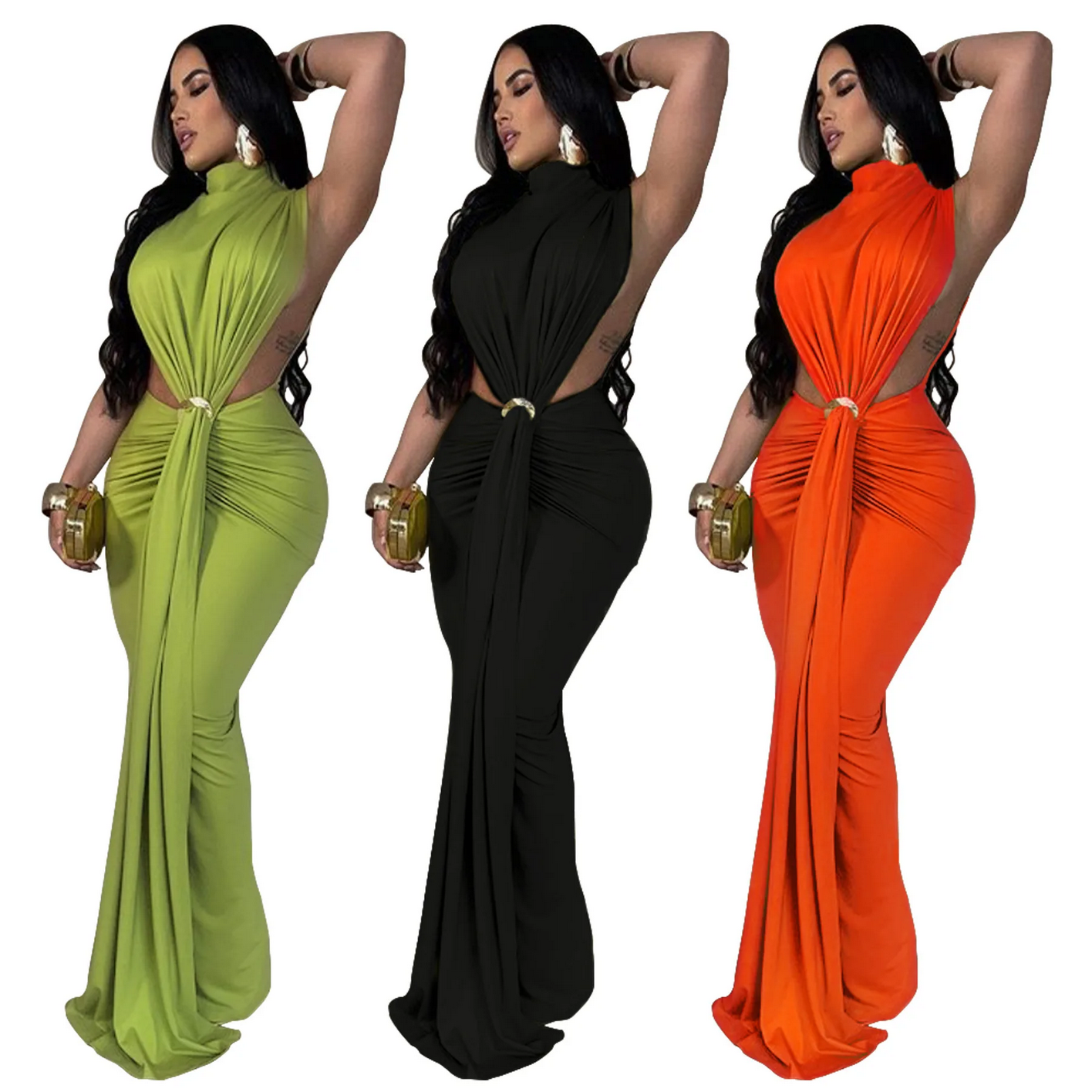 O-neck High Split Ruched Stacked Bodycon Midi Maxi Dress