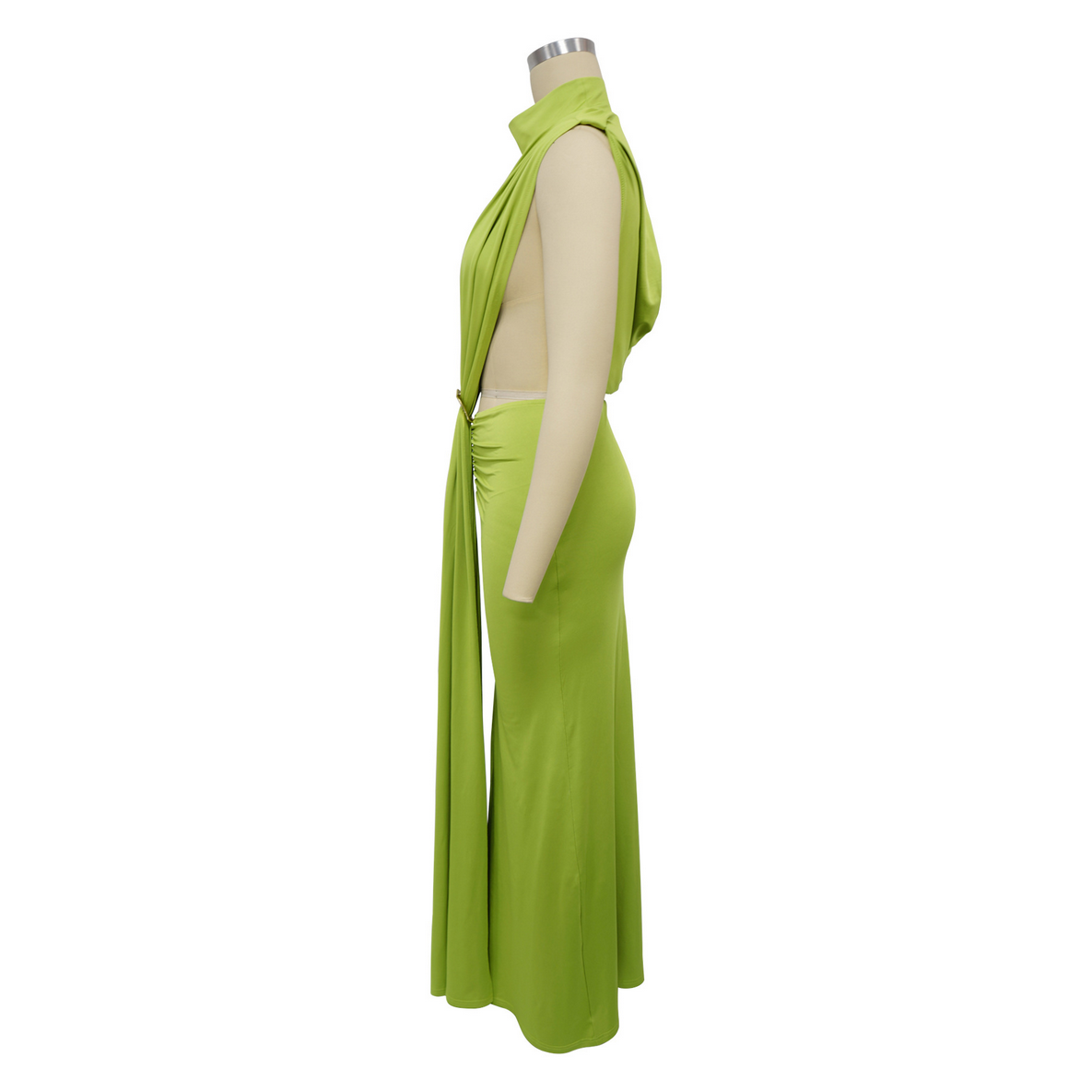 O-neck High Split Ruched Stacked Bodycon Midi Maxi Dress