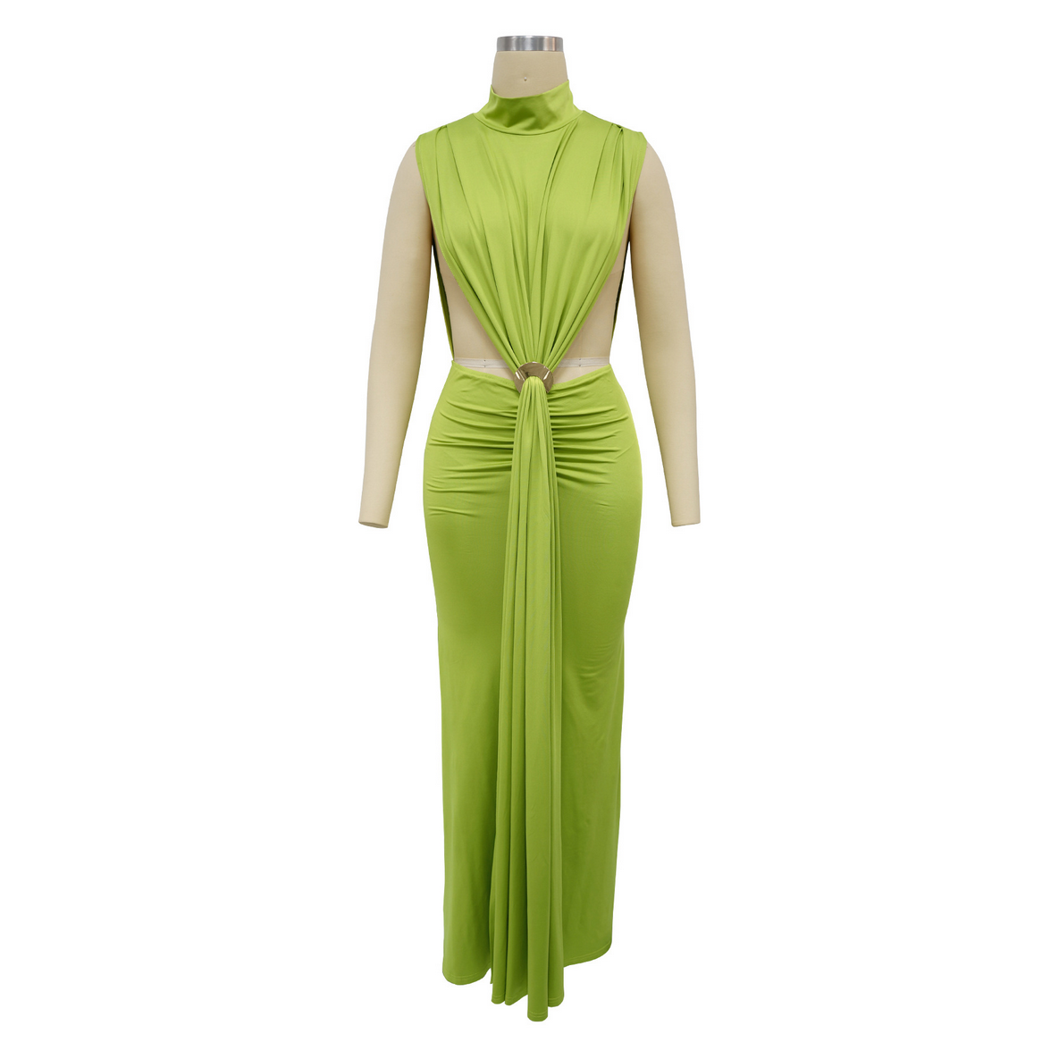 O-neck High Split Ruched Stacked Bodycon Midi Maxi Dress