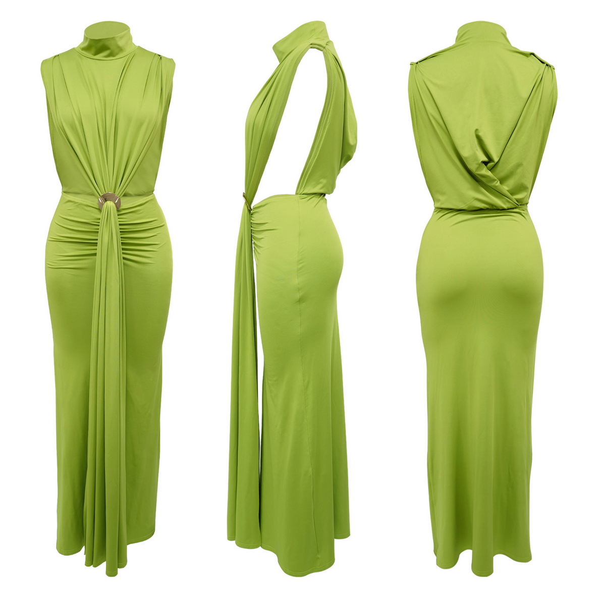 O-neck High Split Ruched Stacked Bodycon Midi Maxi Dress