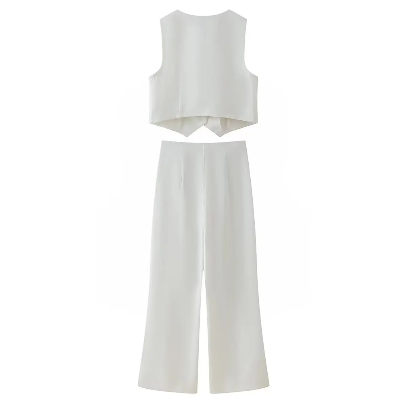 Chic Single-breasted Solid Color Pocket Suit Vest Top + Loose Zipper High-waisted Wide-leg Pants