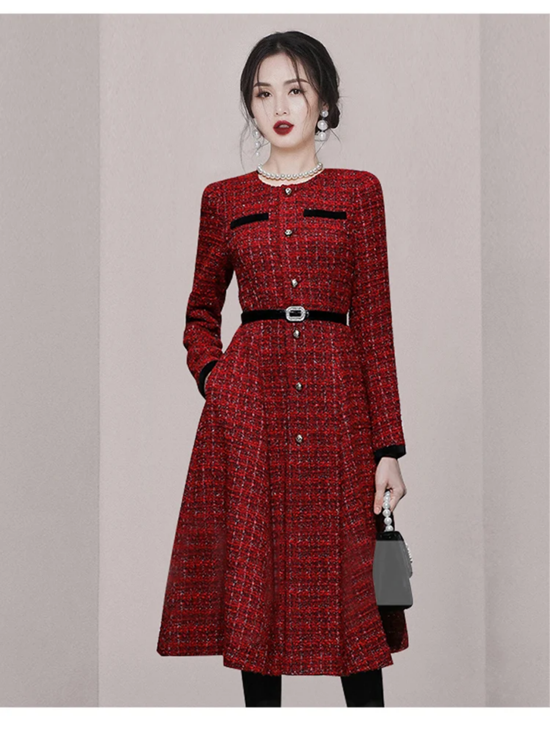 Autumn And Winter New Luxury Style Wine Red Tweed Midi Dress