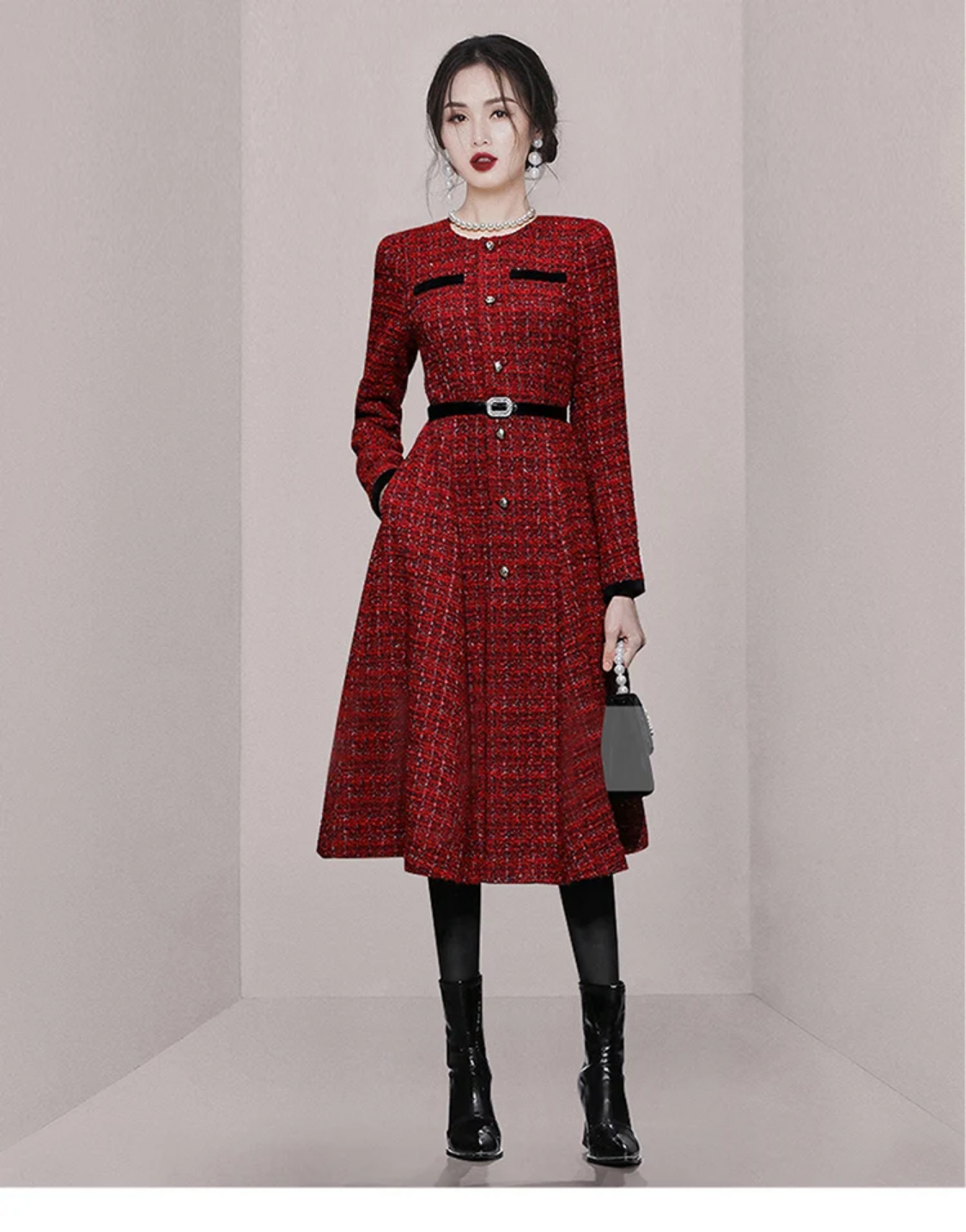 Autumn And Winter New Luxury Style Wine Red Tweed Midi Dress