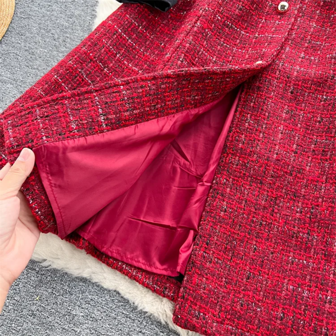 Autumn And Winter New Luxury Style Wine Red Tweed Midi Dress