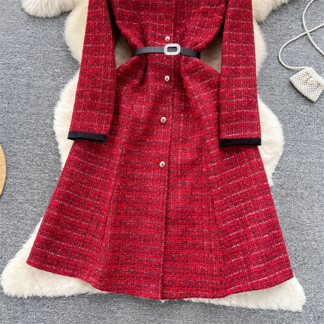 Autumn And Winter New Luxury Style Wine Red Tweed Midi Dress