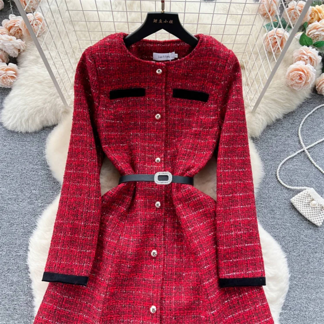 Autumn And Winter New Luxury Style Wine Red Tweed Midi Dress