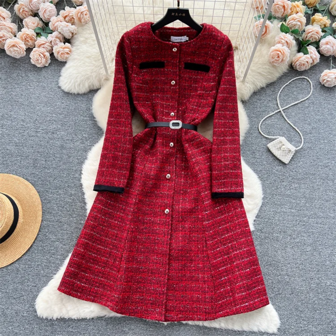 Autumn And Winter New Luxury Style Wine Red Tweed Midi Dress
