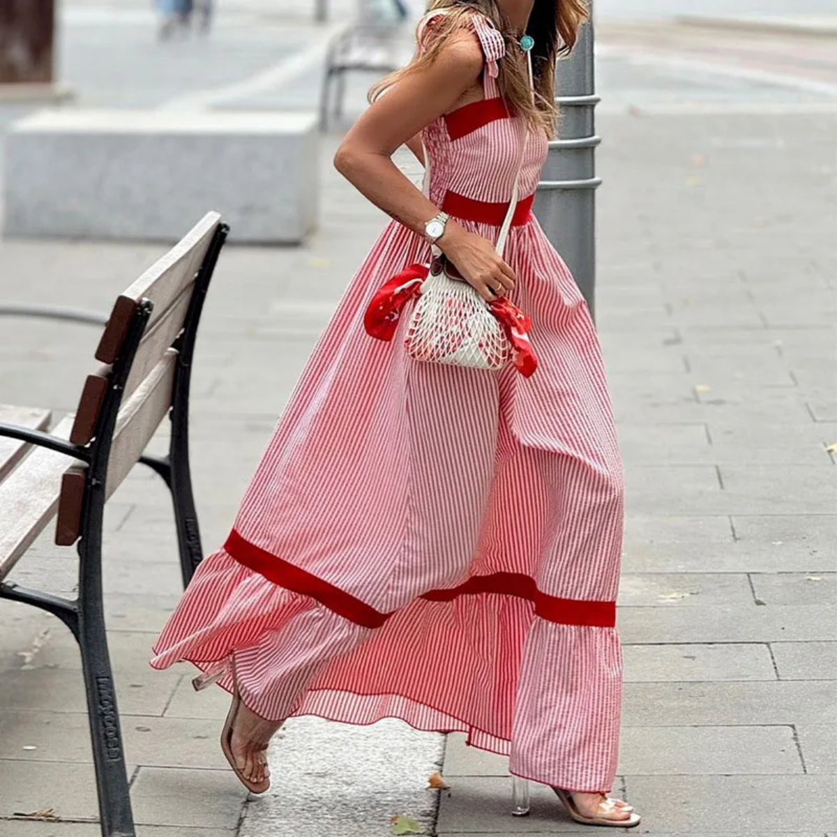 2024 Bow Strap Contract Color Waist Ruffle Bohemian Dress