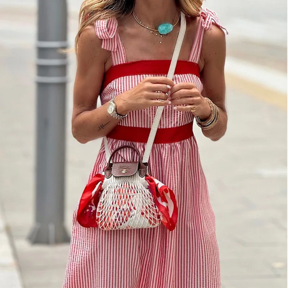 2024 Bow Strap Contract Color Waist Ruffle Bohemian Dress