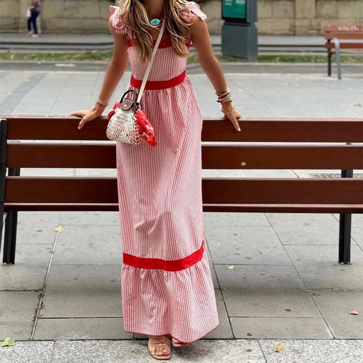 2024 Bow Strap Contract Color Waist Ruffle Bohemian Dress