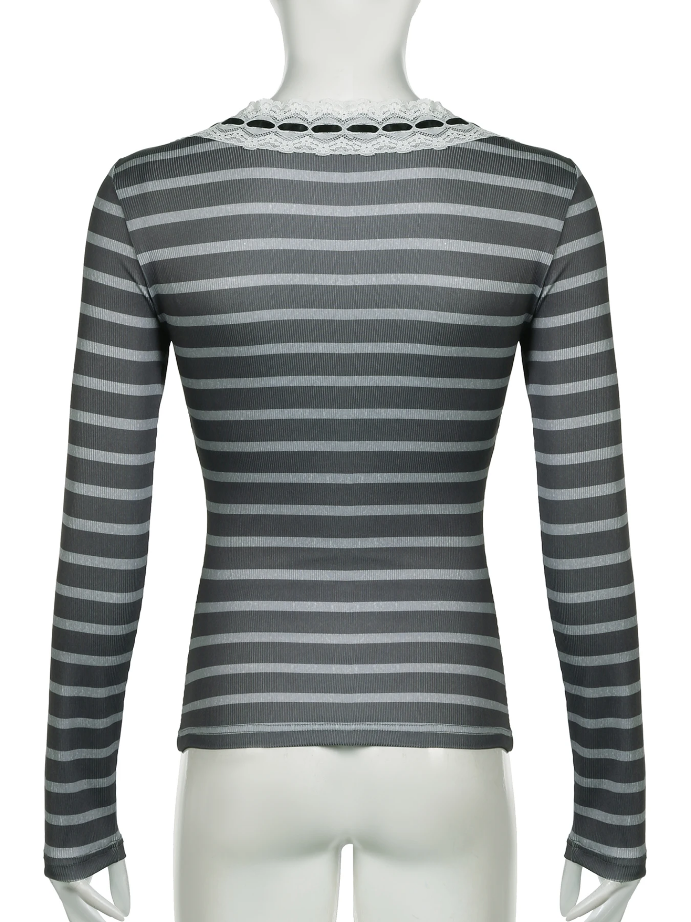 Chic Tie Lace Trim O-neck Striped Long Sleeve T-Shirt