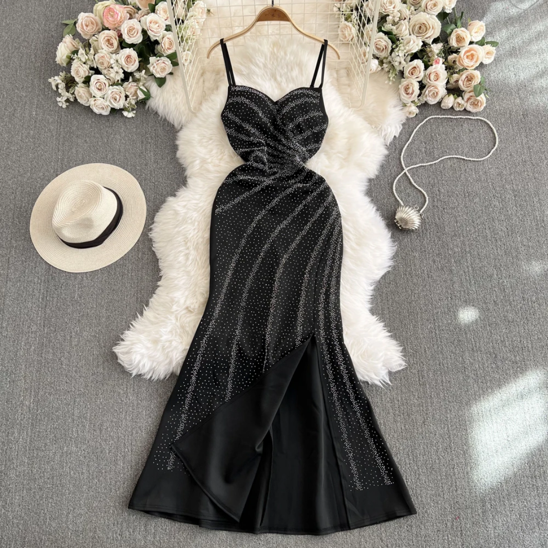 2024 Summer Elegant Rhinestone  V Neck Sleeveless Backless Slim Split Sling Dress