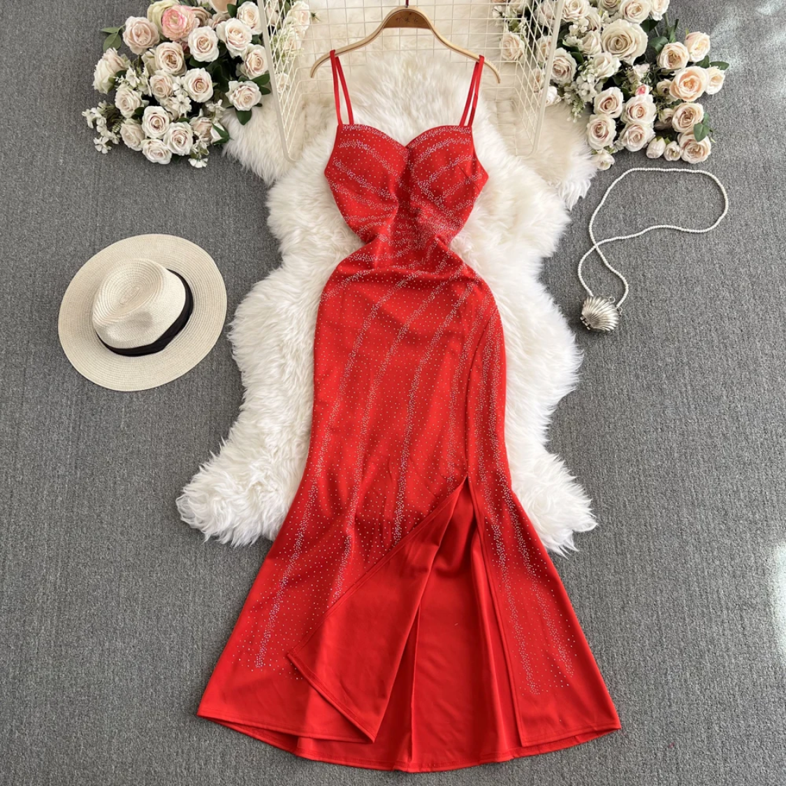 2024 Summer Elegant Rhinestone  V Neck Sleeveless Backless Slim Split Sling Dress