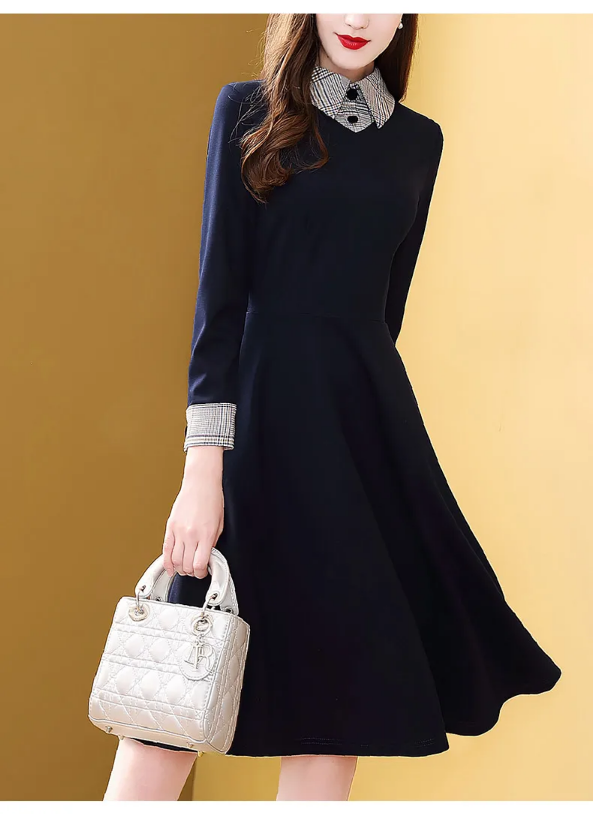 Spring Autumn Vintage Knee Length Cotton A-Line Plaid Dress