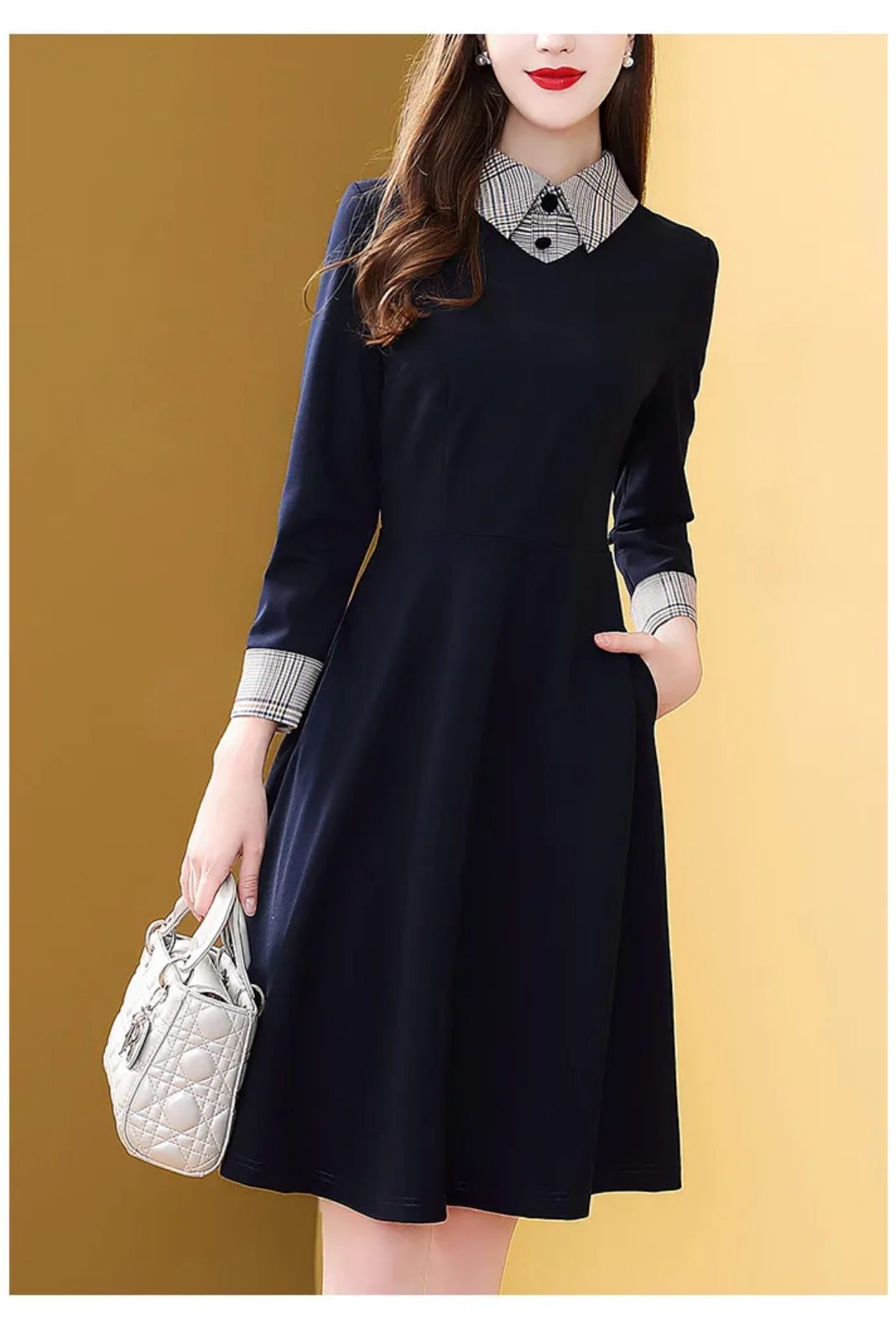 Spring Autumn Vintage Knee Length Cotton A-Line Plaid Dress