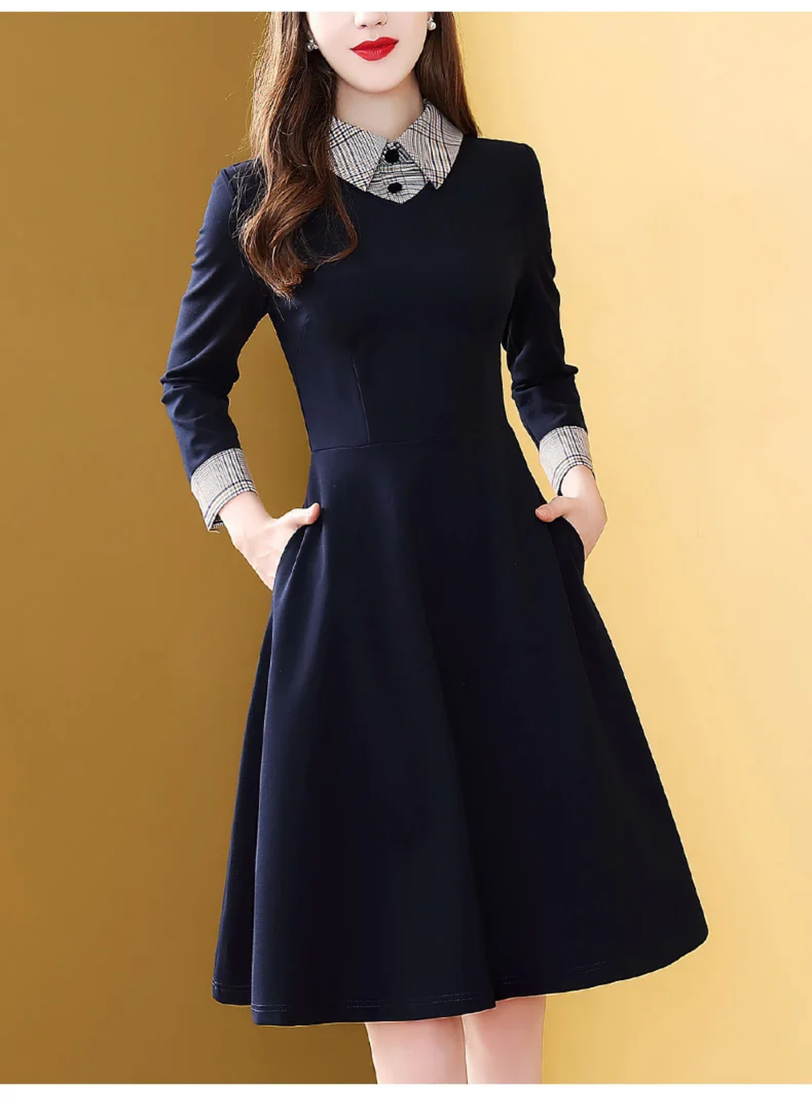 Spring Autumn Vintage Knee Length Cotton A-Line Plaid Dress