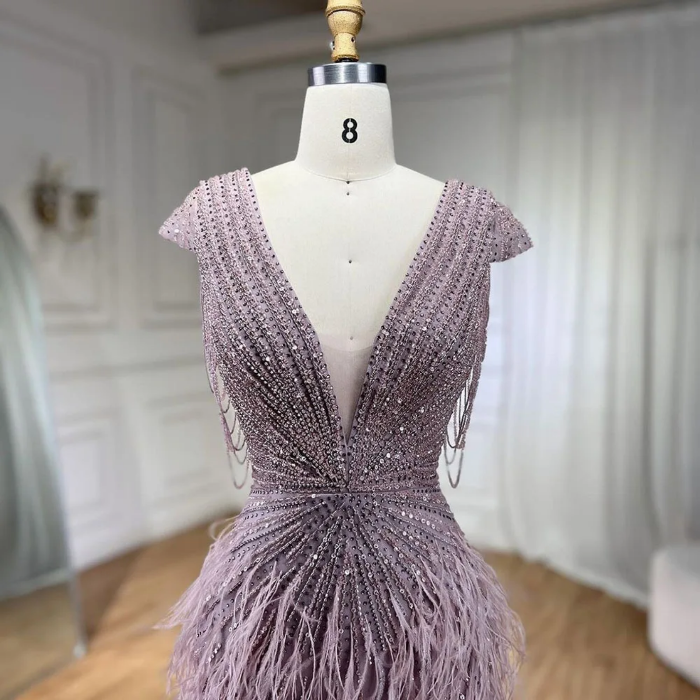 Mermaid Elegant Feathers Beaded Luxury Evening Dresses
