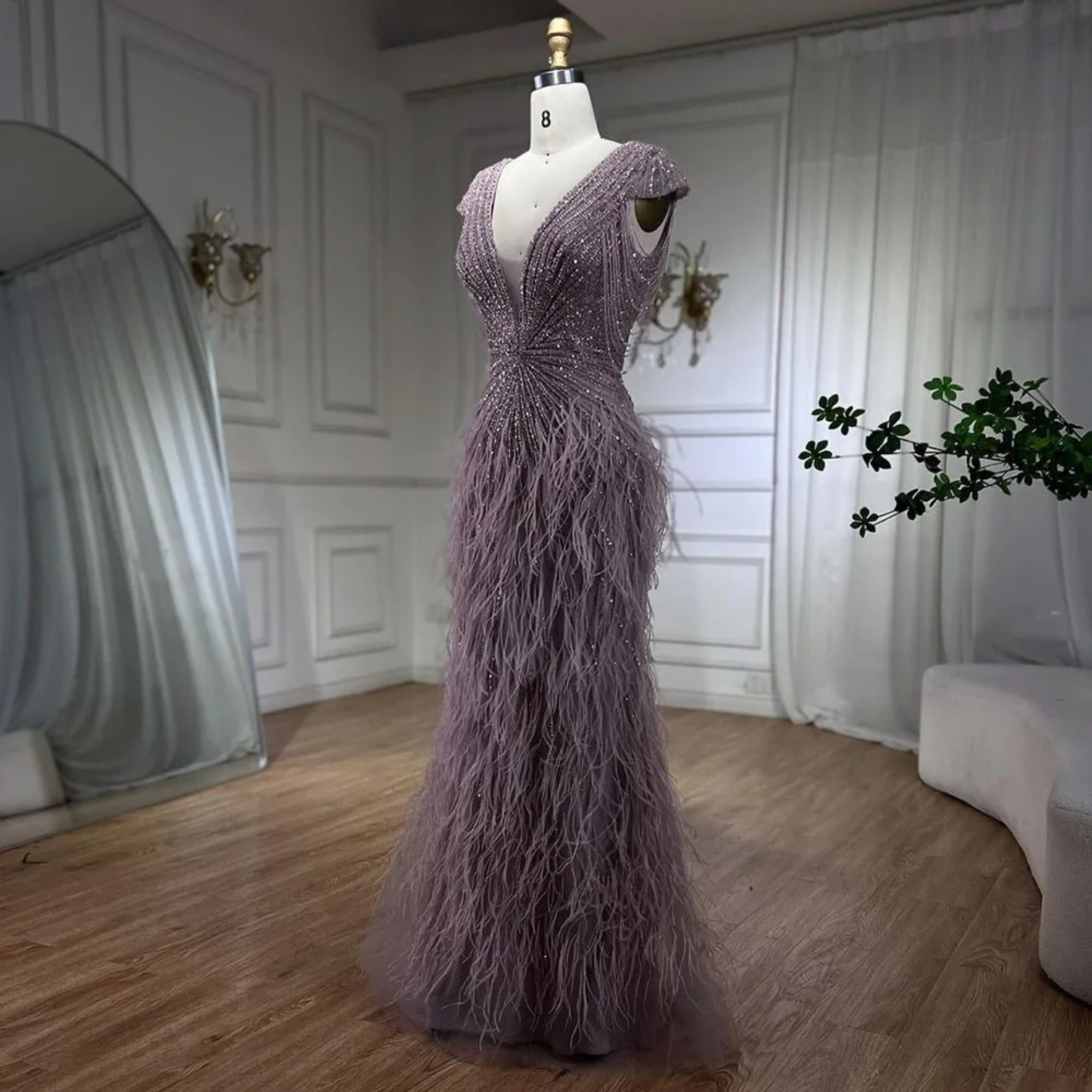 Mermaid Elegant Feathers Beaded Luxury Evening Dresses