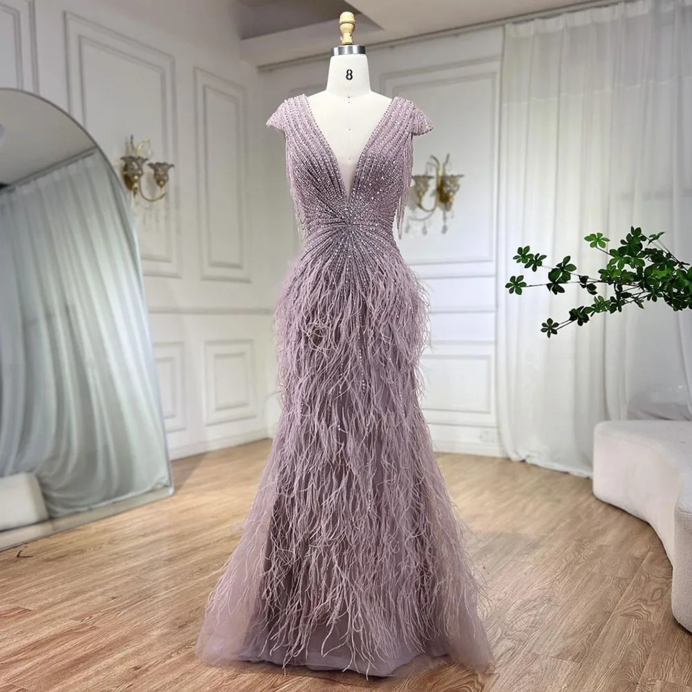 Mermaid Elegant Feathers Beaded Luxury Evening Dresses