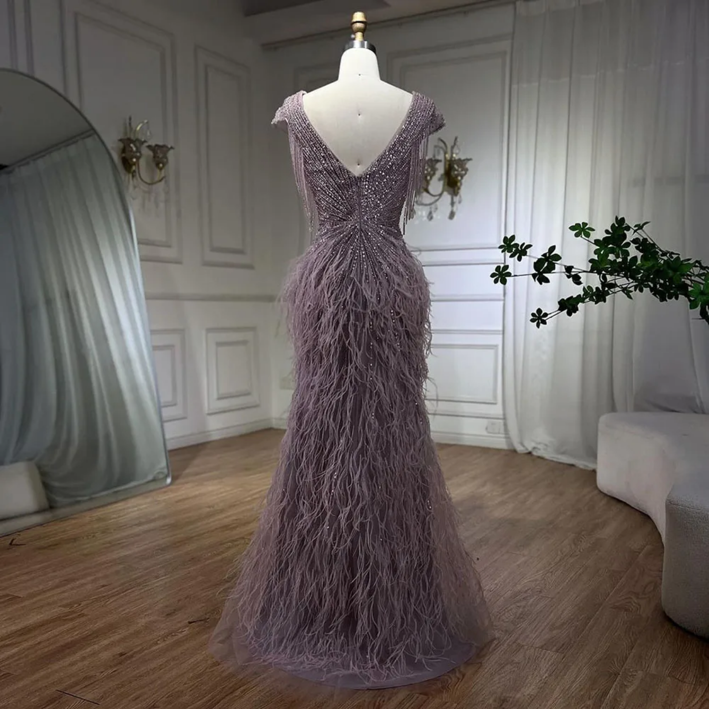 Mermaid Elegant Feathers Beaded Luxury Evening Dresses