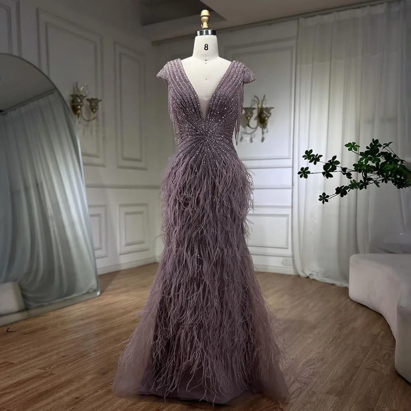 Mermaid Elegant Feathers Beaded Luxury Evening Dresses