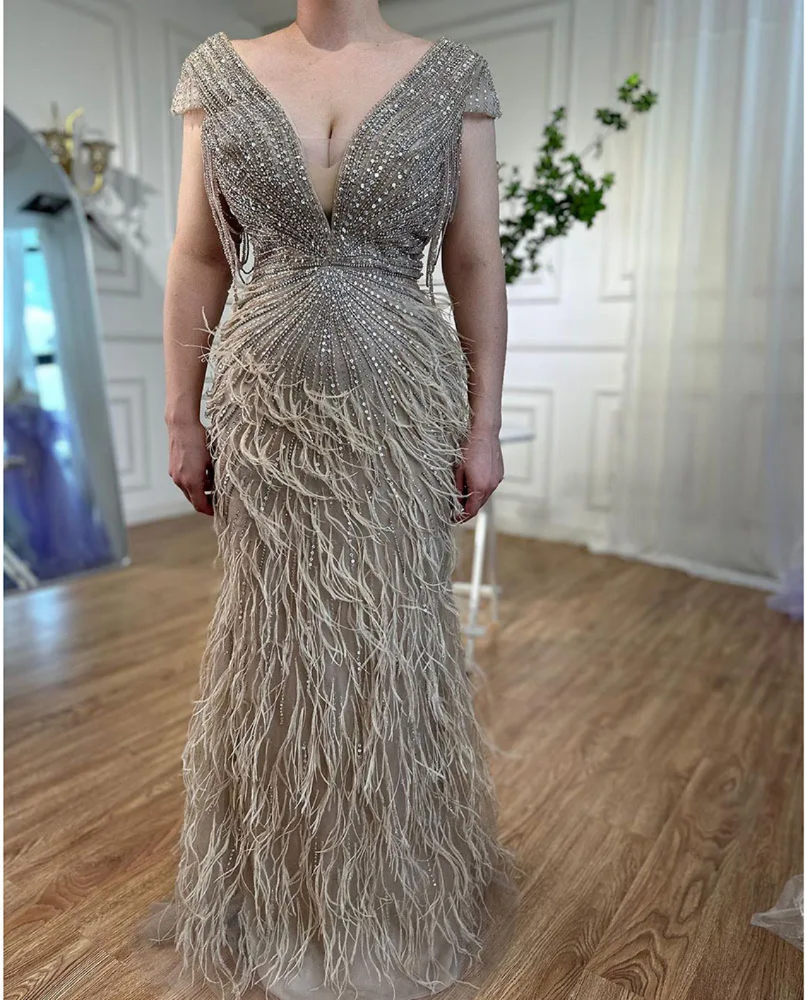 Mermaid Elegant Feathers Beaded Luxury Evening Dresses
