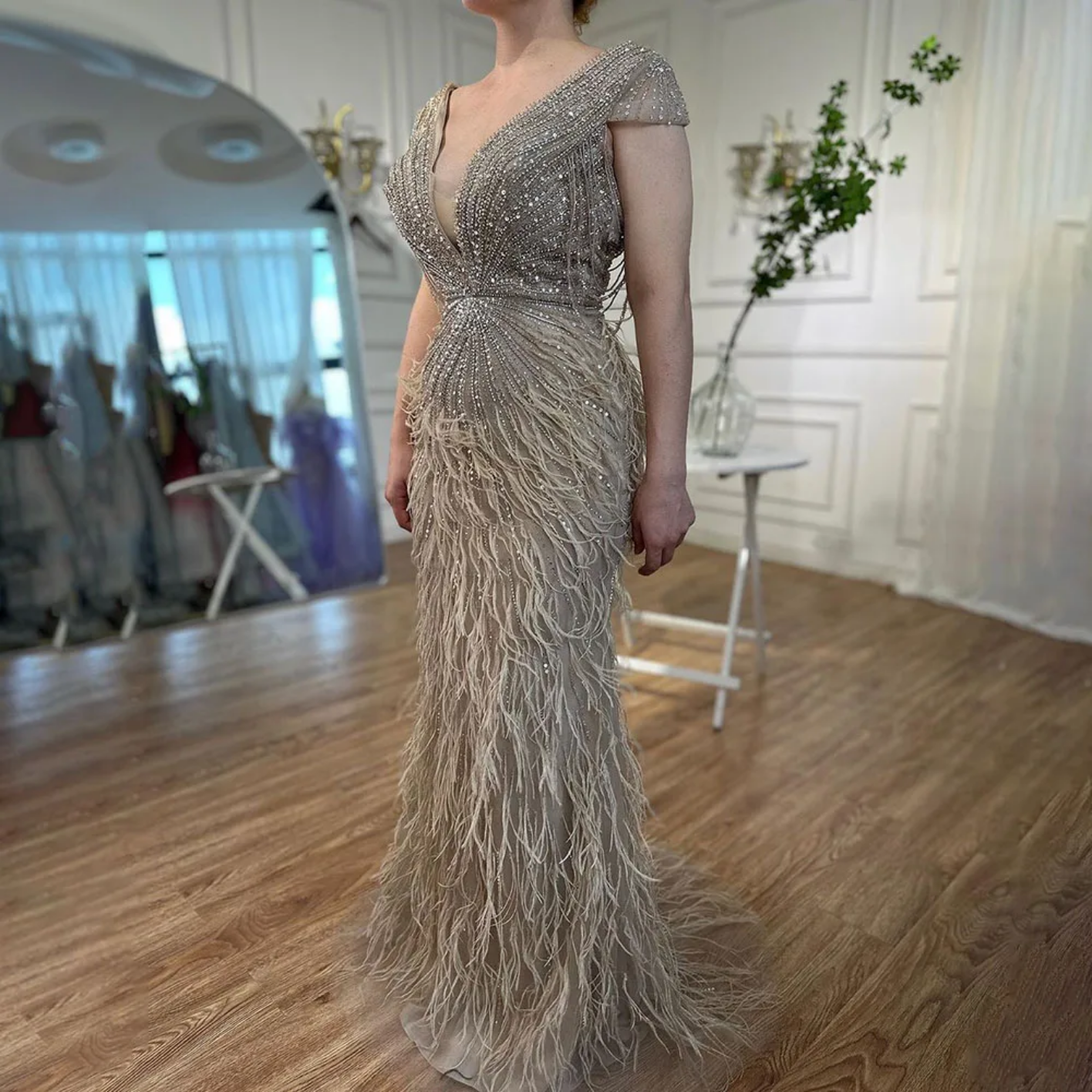 Mermaid Elegant Feathers Beaded Luxury Evening Dresses