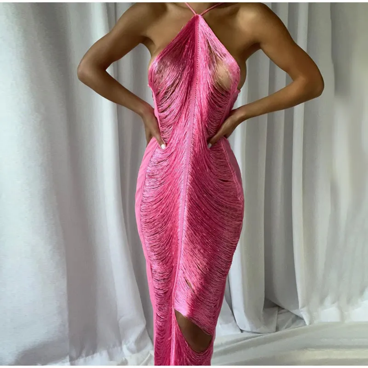 Fashion Tassel Backless Halter Evening Dress