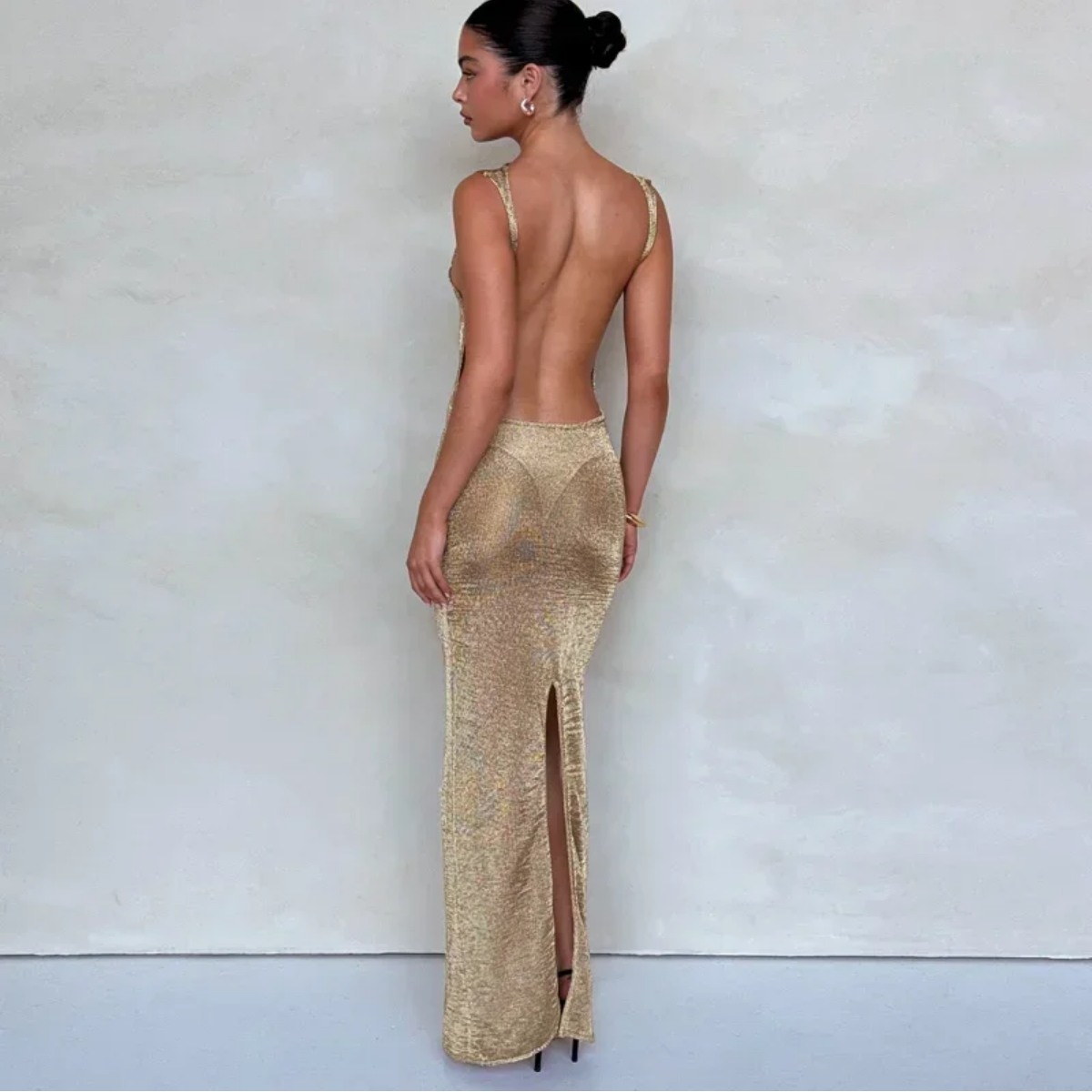Sexy Solid Backless Split Maxi Dress