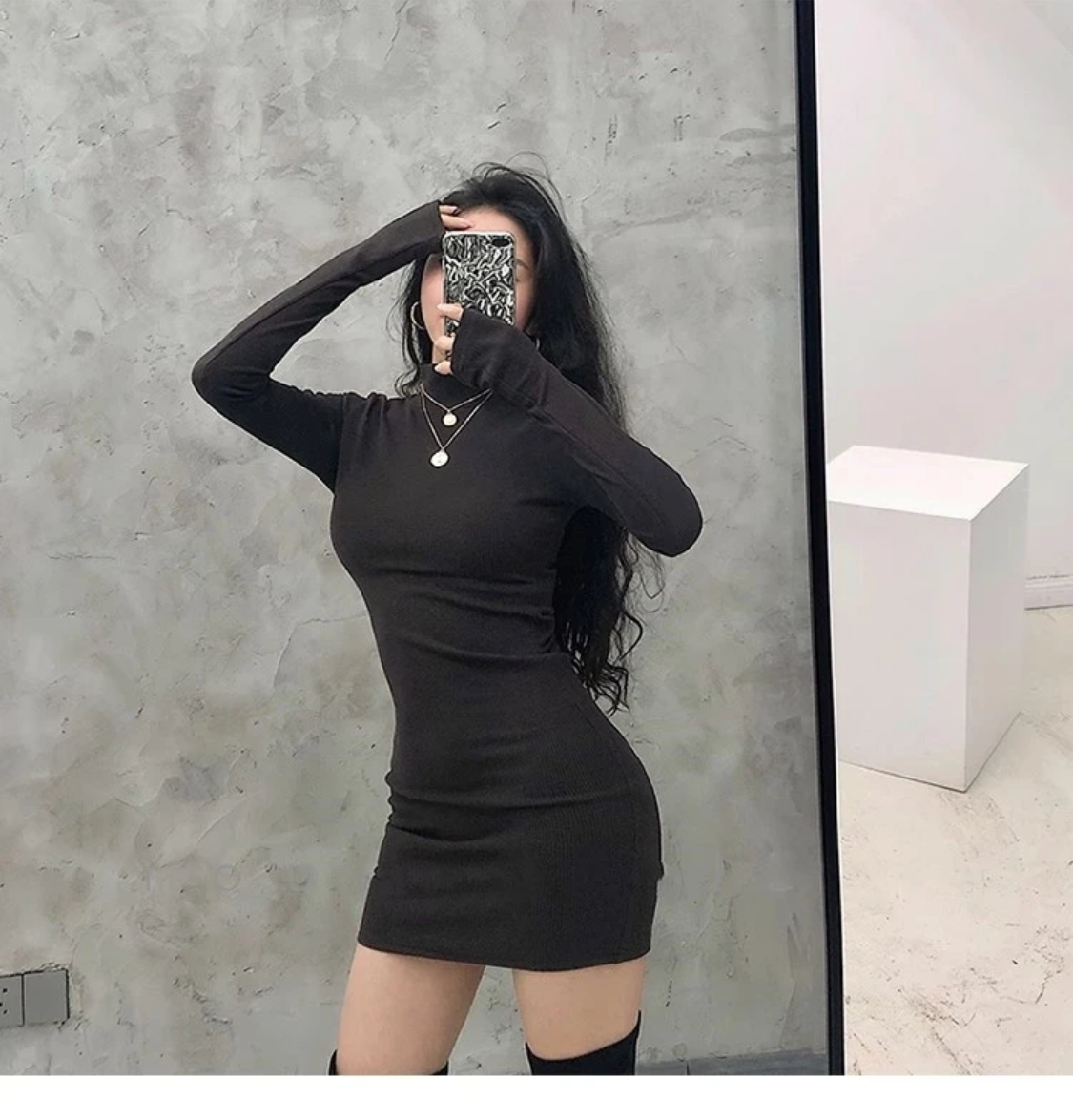 2024 Spring Fall Korean Style  Solid Turtleneck Cropped Dress