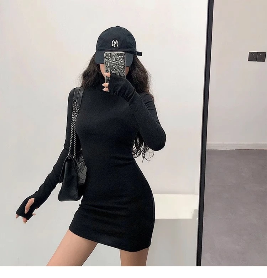 2024 Spring Fall Korean Style  Solid Turtleneck Cropped Dress