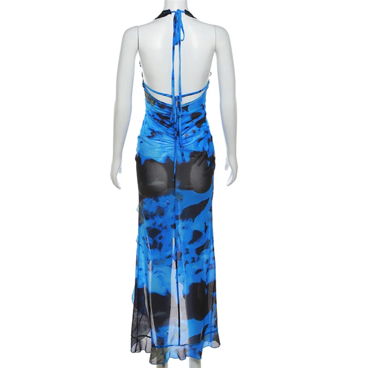 Lace See Through Halter V-Neck Irregular Ruffles Summer Sexy Backless Dress