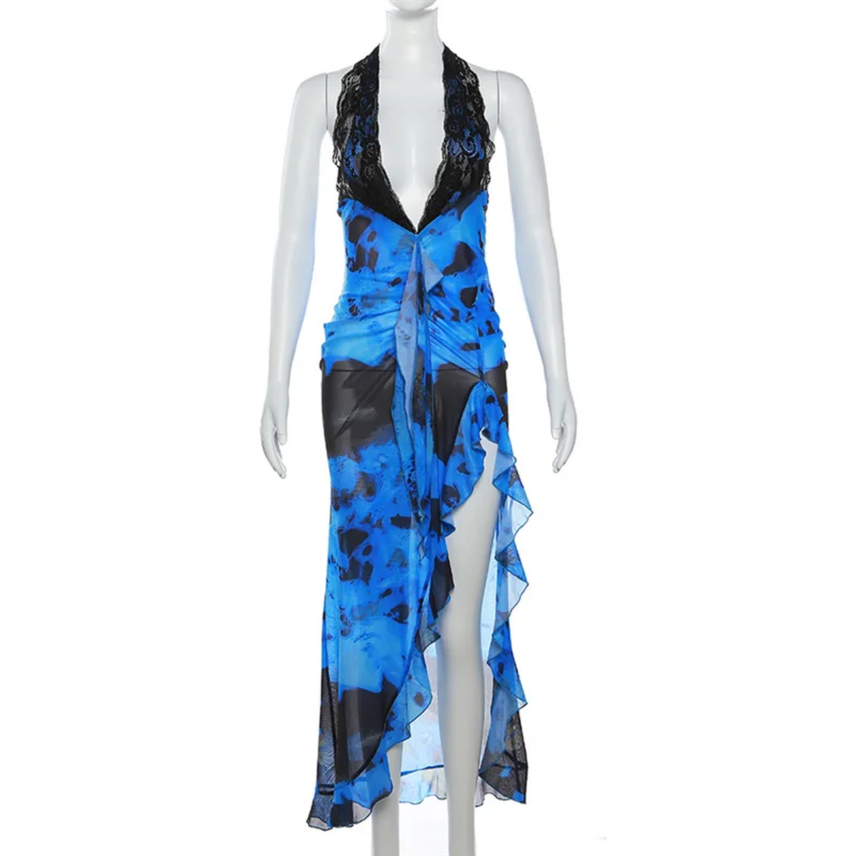Lace See Through Halter V-Neck Irregular Ruffles Summer Sexy Backless Dress