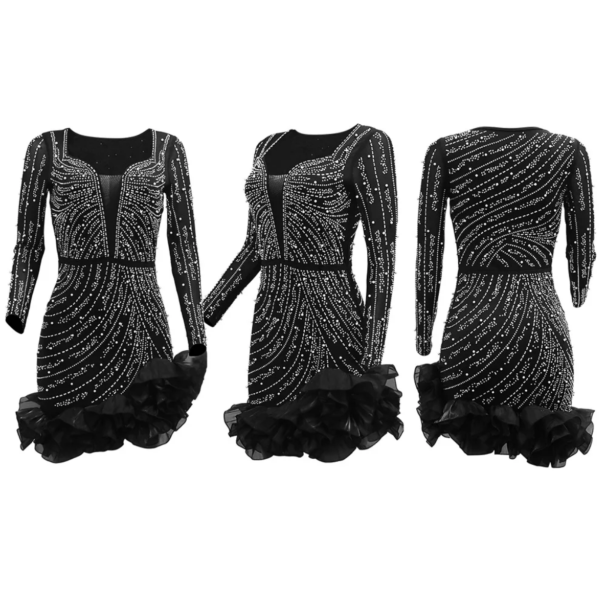 2024 Long Sleeve V Neck Transparent Glittering Rhinestones Dress