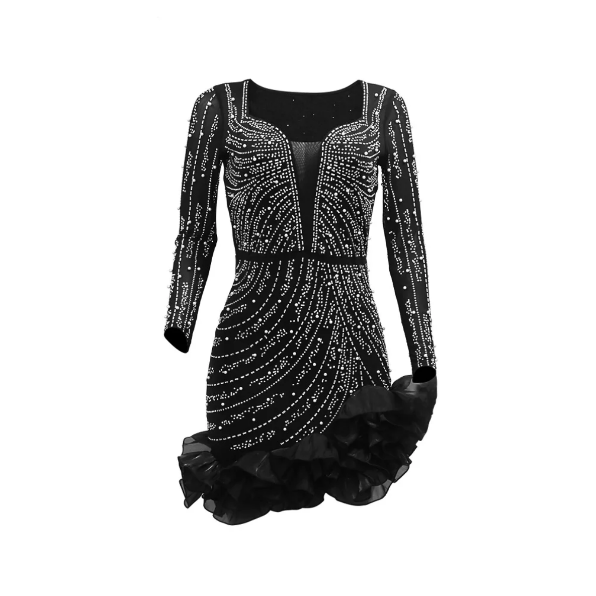 2024 Long Sleeve V Neck Transparent Glittering Rhinestones Dress