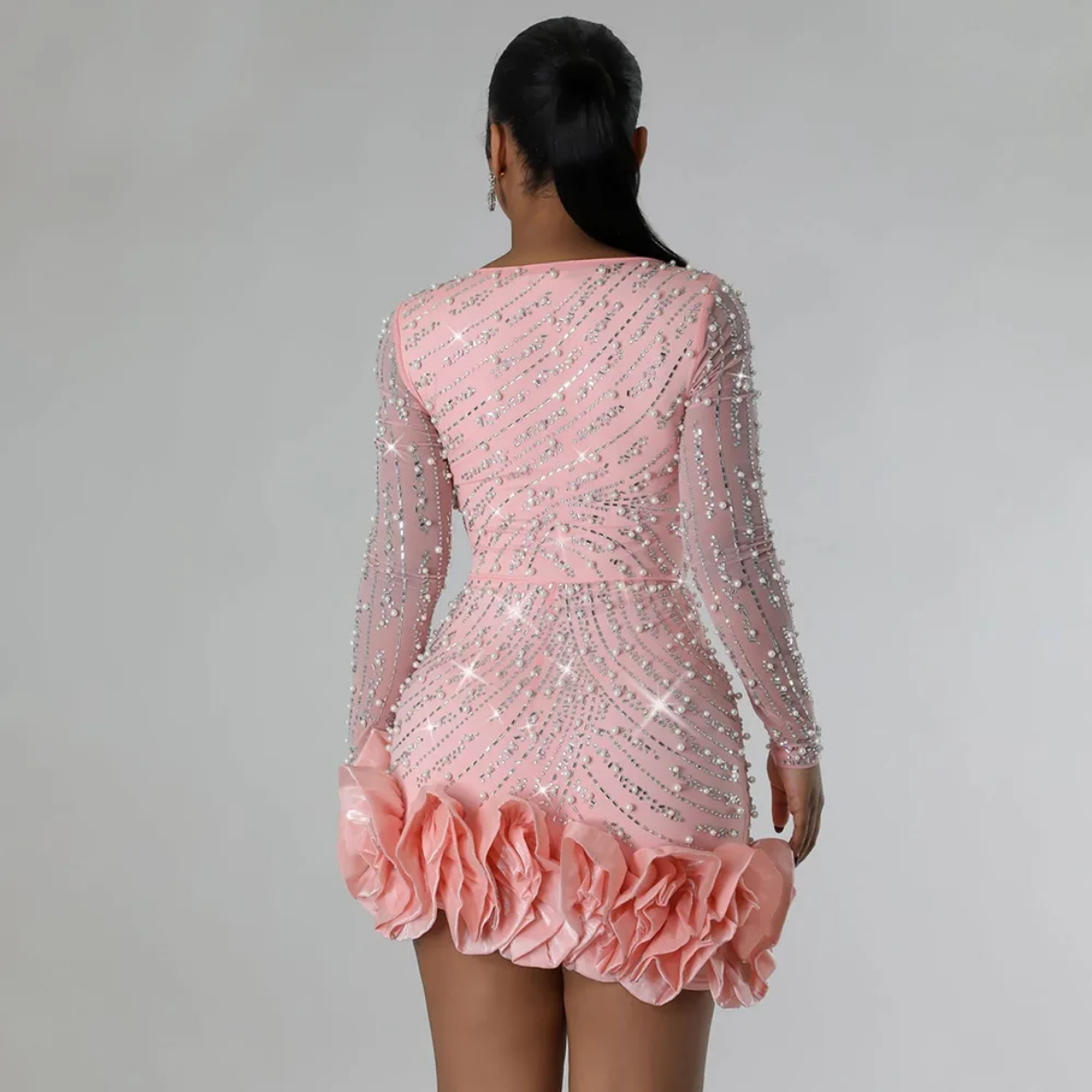 2024 Long Sleeve V Neck Transparent Glittering Rhinestones Dress